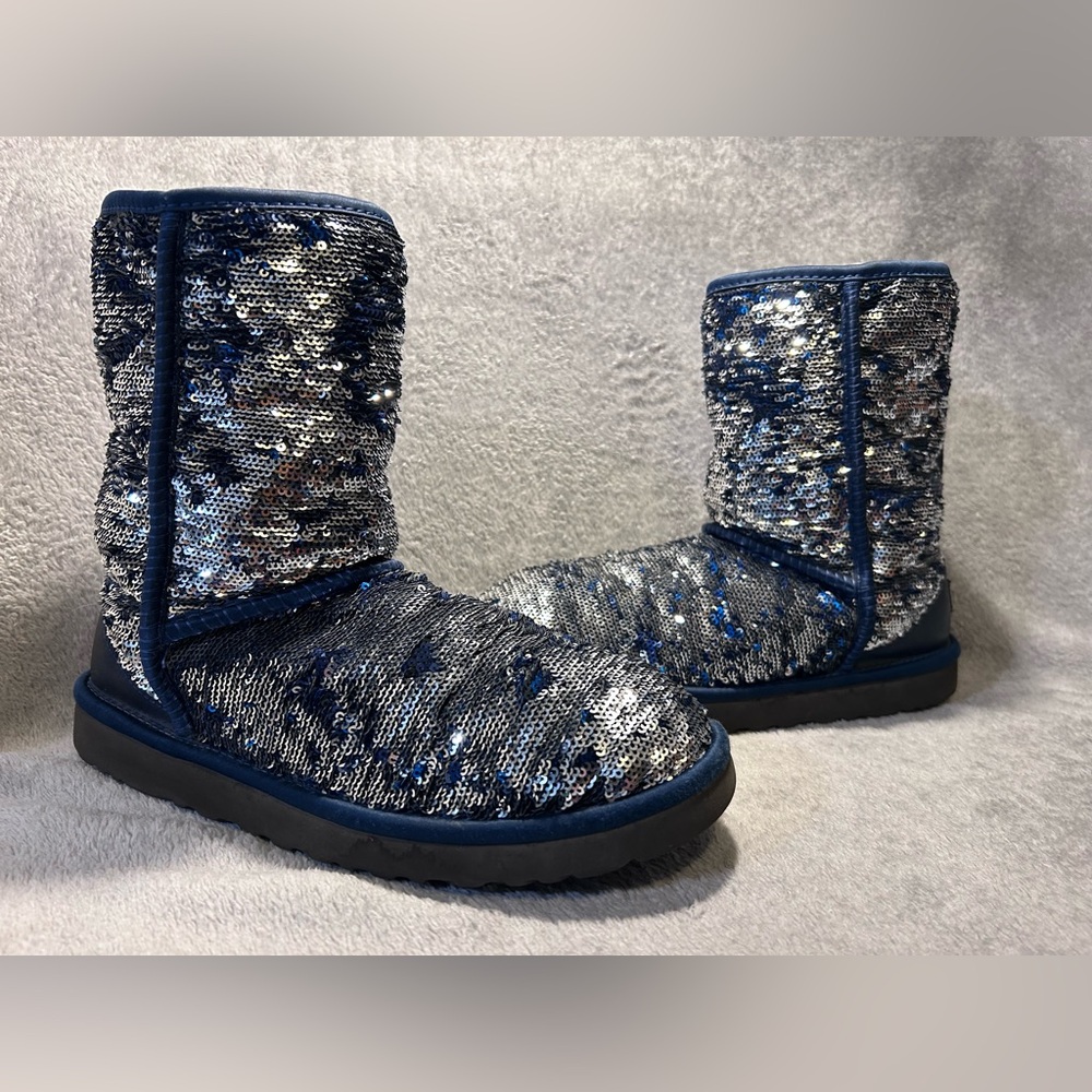 UGG Classic Short Reversible Silver & Blue Sequin Boots